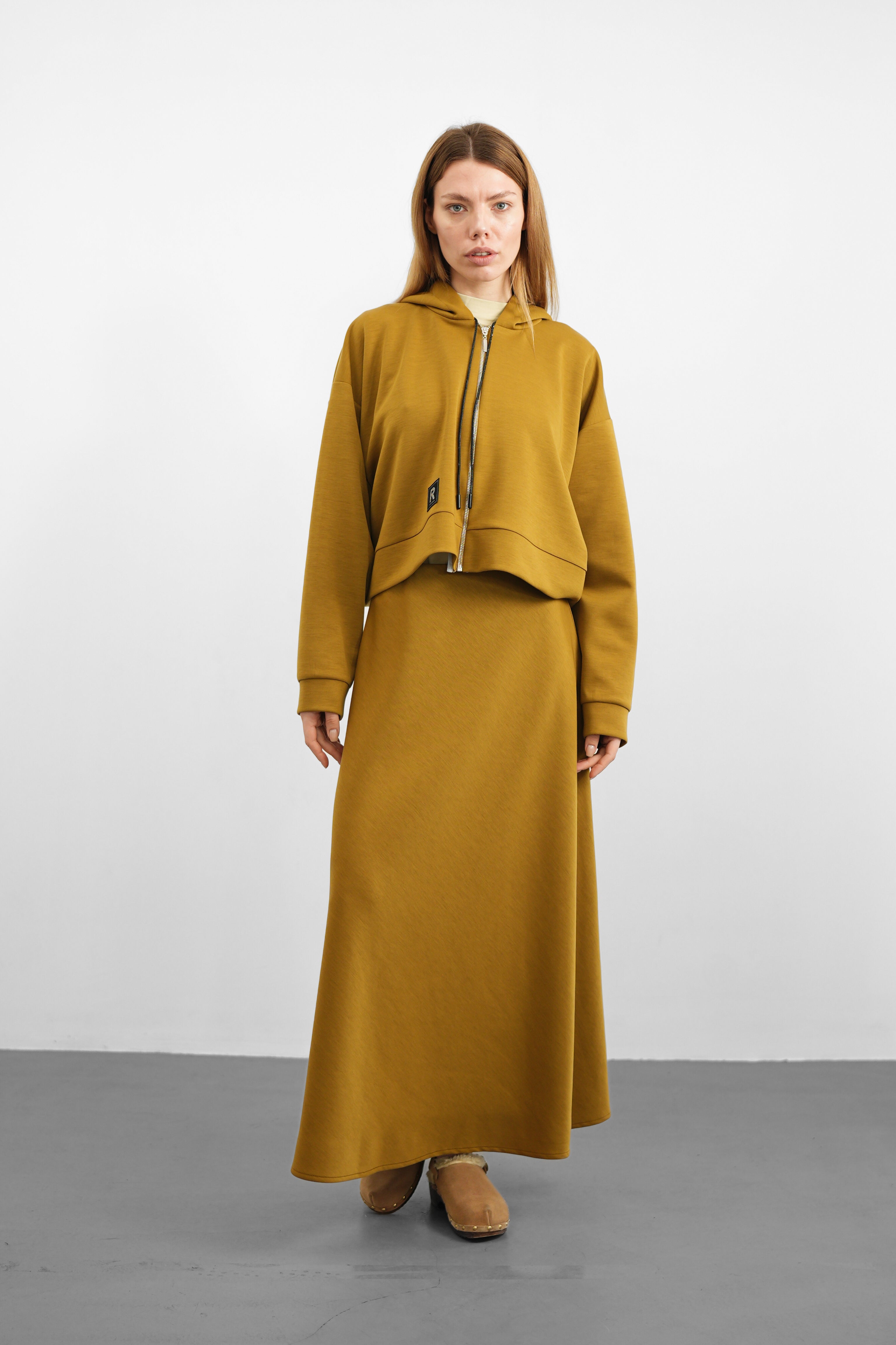 Tencel Kumaş Uzun Etek - Yağ Yeşili