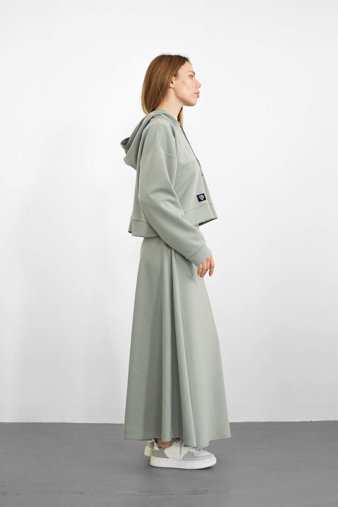 Tencel Kumaş Etiket Detaylı Kapüşonlu - Gri