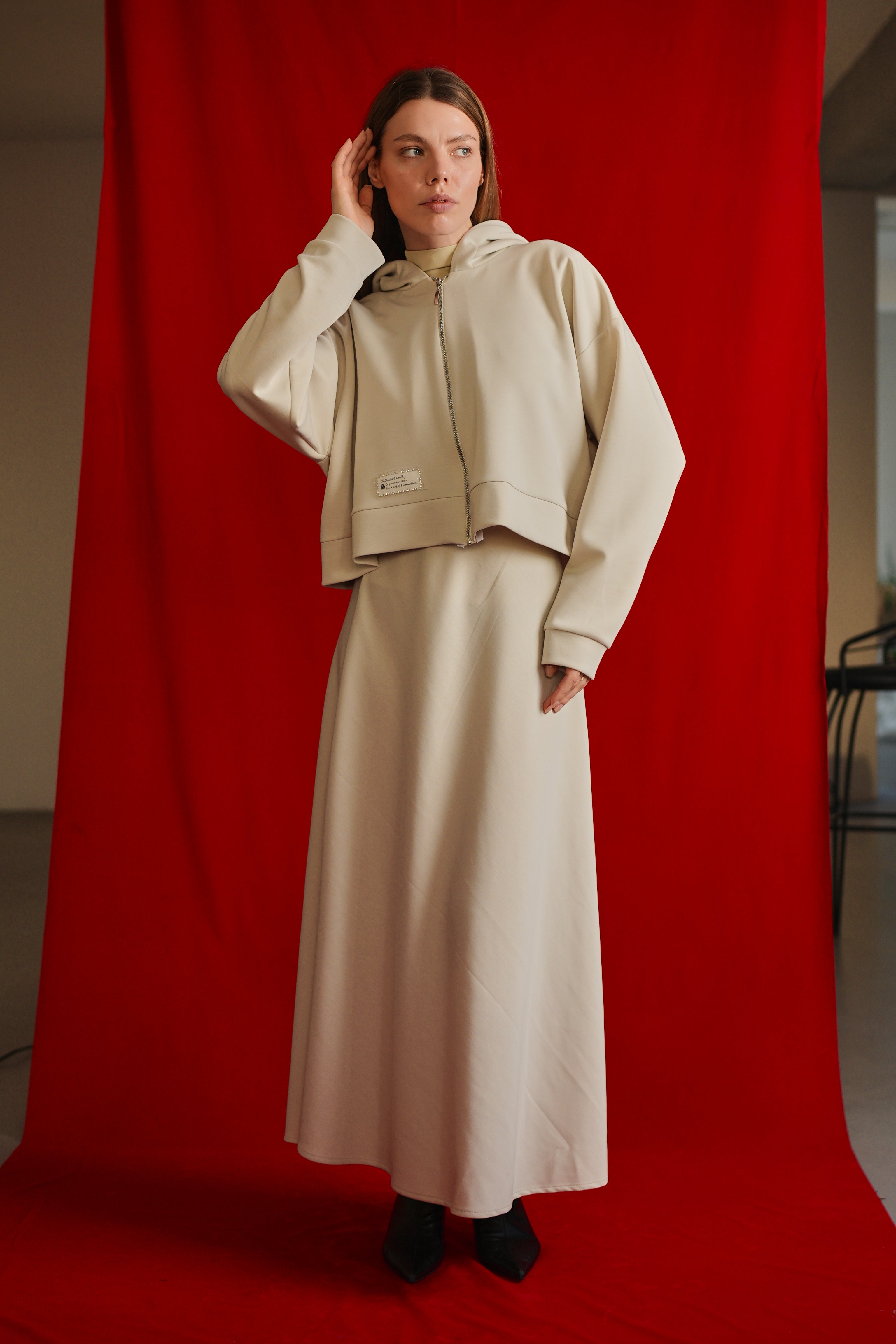 Tencel Kumaş Uzun Etek - Taş