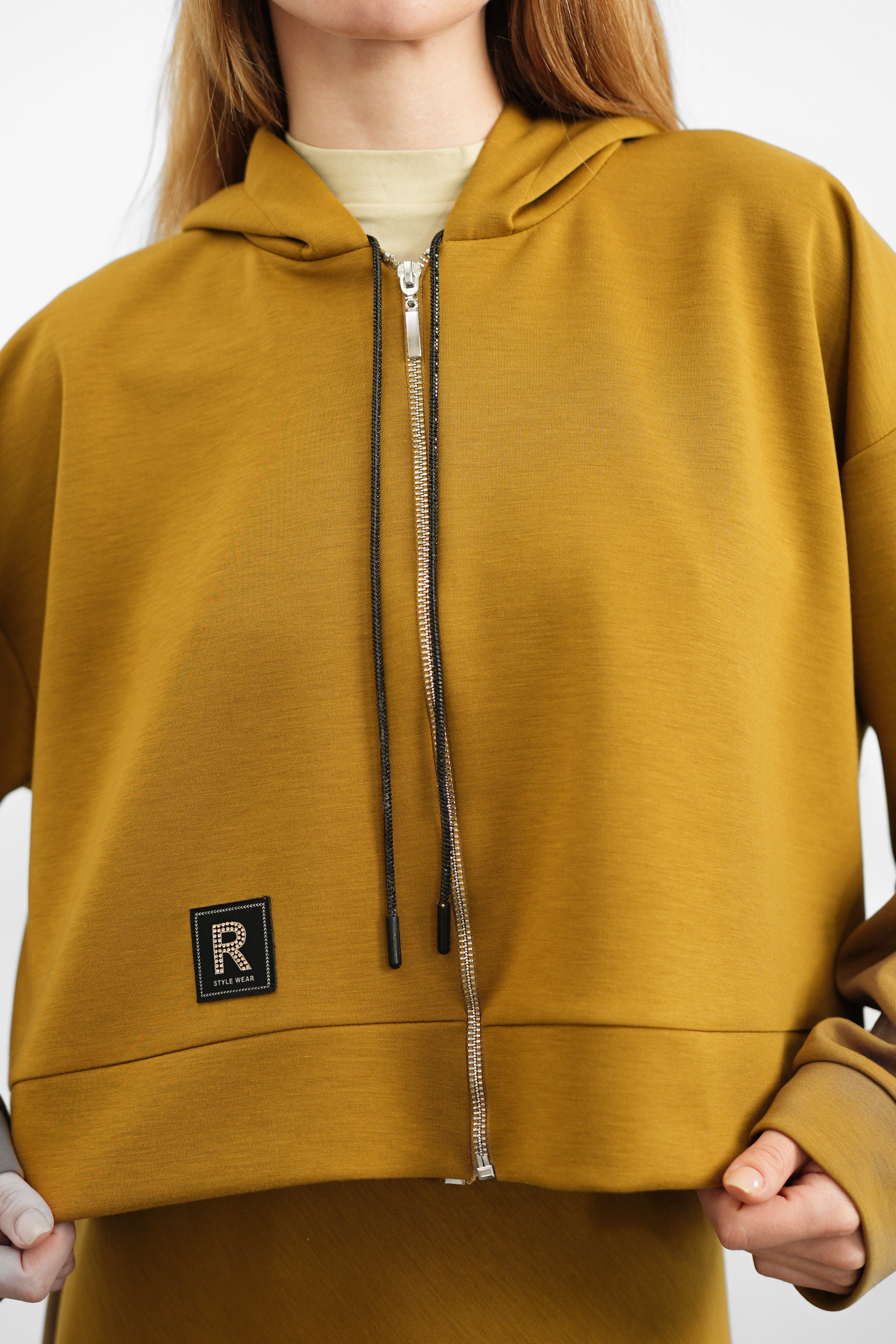 Tencel Kumaş Etiket Detaylı Kapüşonlu - Yağ Yeşili