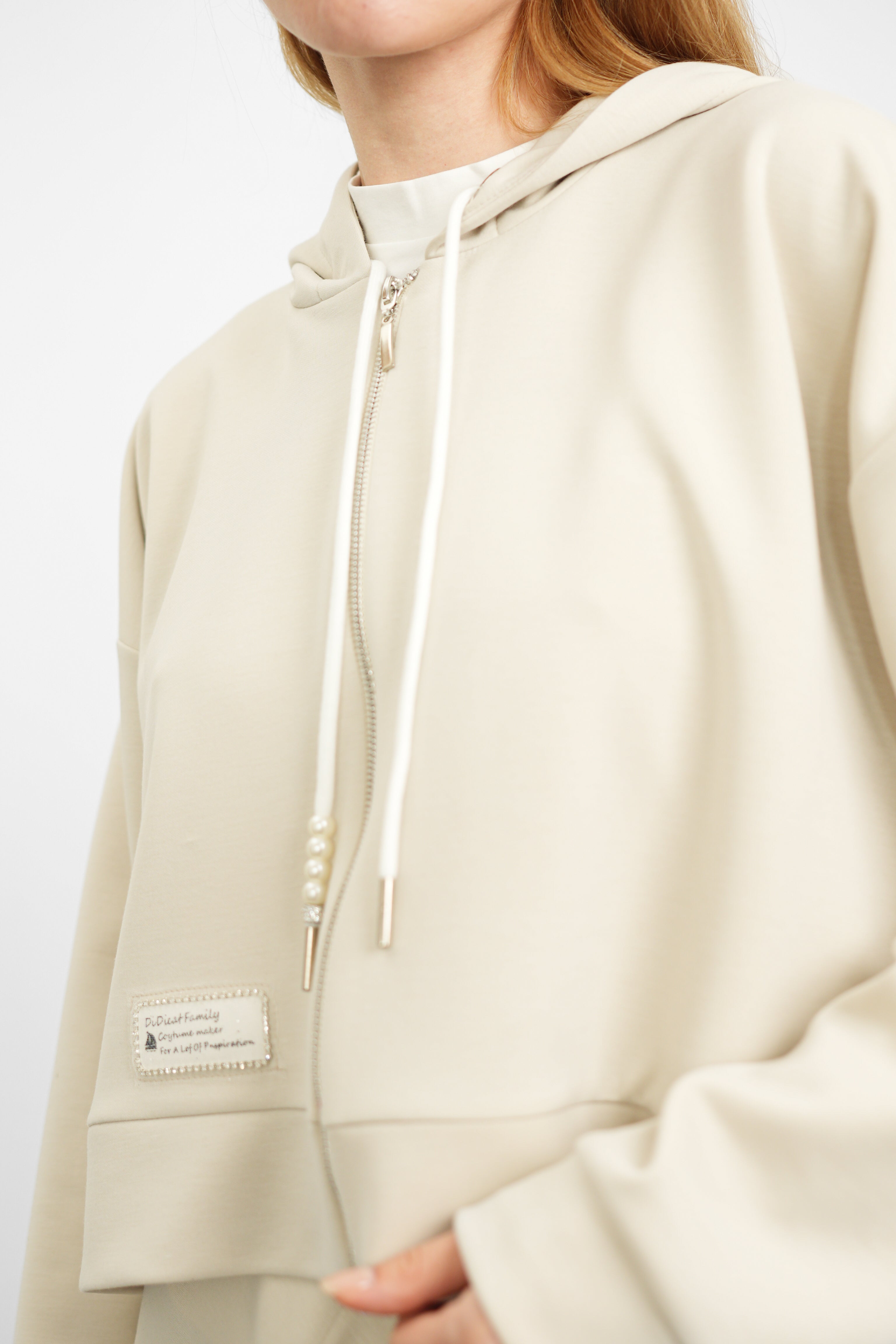 Tencel Kumaş Etiket Detaylı Kapüşonlu - Taş