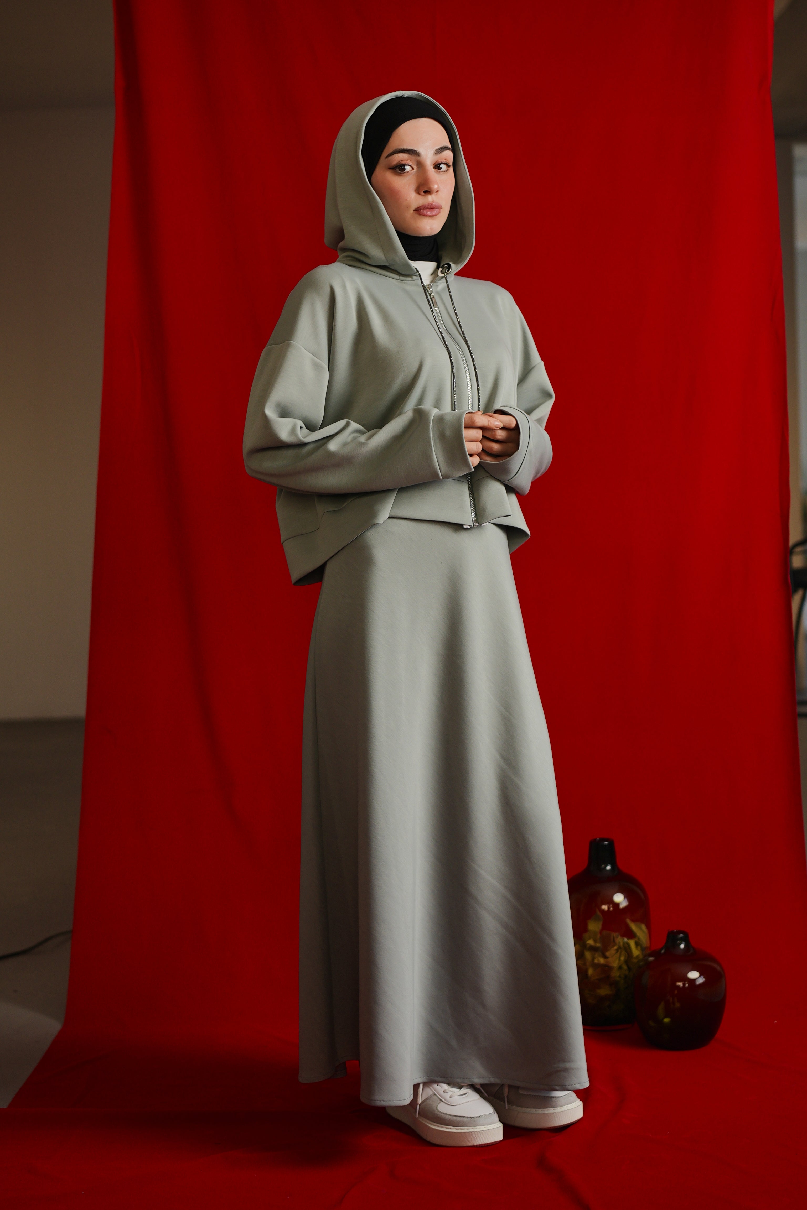 Tencel Kumaş Etiket Detaylı Kapüşonlu - Gri